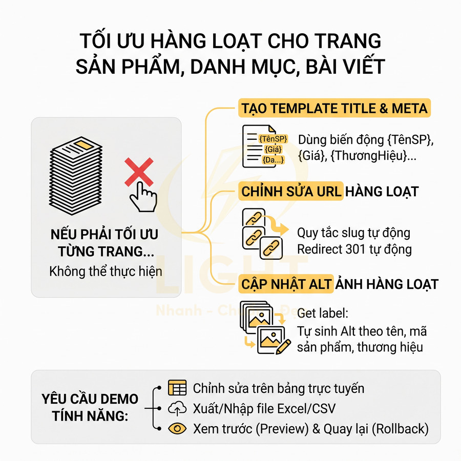 Mô tả tính năng tối ưu SEO hàng loạt cho trang sản phẩm, danh mục và bài viết trên website