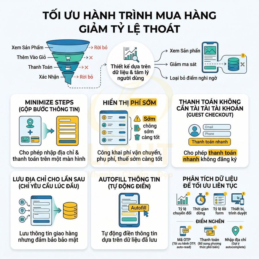 Infographic tối ưu hành trình mua hàng online giảm tỷ lệ thoát với các bước và gợi ý cải thiện trải nghiệm thanh toán