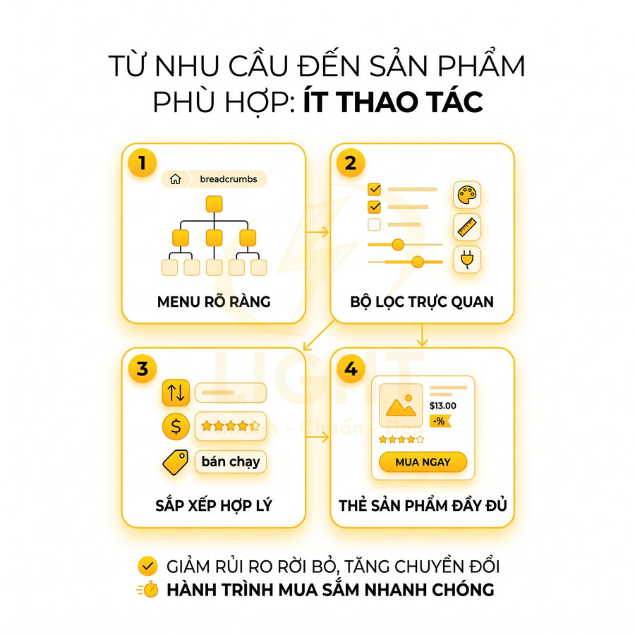 Infographic quy trình tối ưu trải nghiệm mua sắm online với menu rõ ràng, bộ lọc, sắp xếp và thẻ sản phẩm đầy đủ