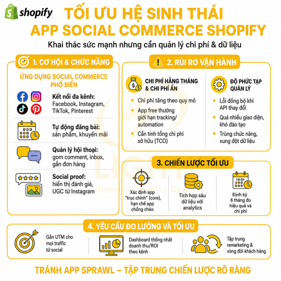 Infographic tối ưu hệ sinh thái app social commerce Shopify, nêu cơ hội, rủi ro, chiến lược và đo lường hiệu quả