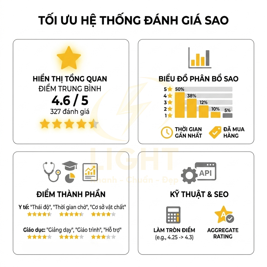 Mô tả hệ thống đánh giá sao 4.6 trên 5 với biểu đồ phân bố, điểm thành phần và tối ưu kỹ thuật SEO