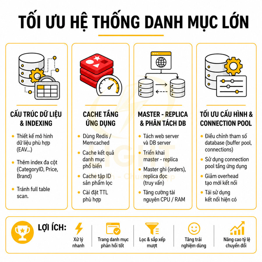 Tối ưu hệ thống danh mục lớn với cấu trúc dữ liệu, cache ứng dụng, master replica DB và tối ưu connection pool