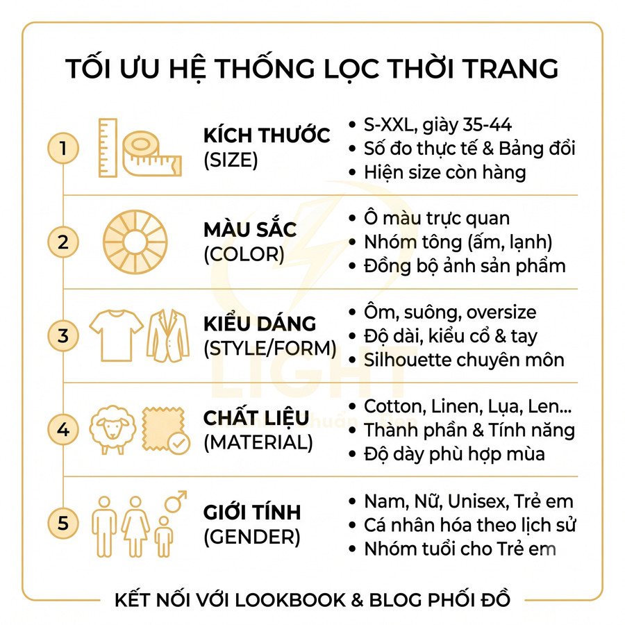 Infographic tối ưu hệ thống lọc thời trang theo kích thước màu sắc kiểu dáng chất liệu và giới tính