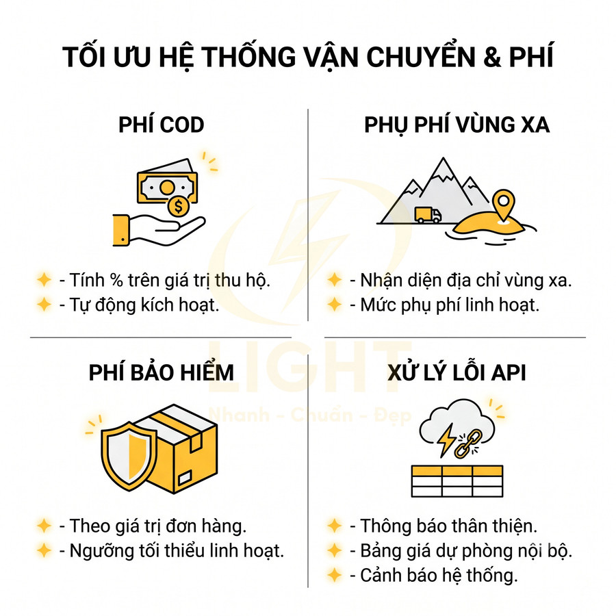 Mô tả tối ưu hệ thống vận chuyển và phí với phí COD, phụ phí vùng xa, phí bảo hiểm và xử lý lỗi API