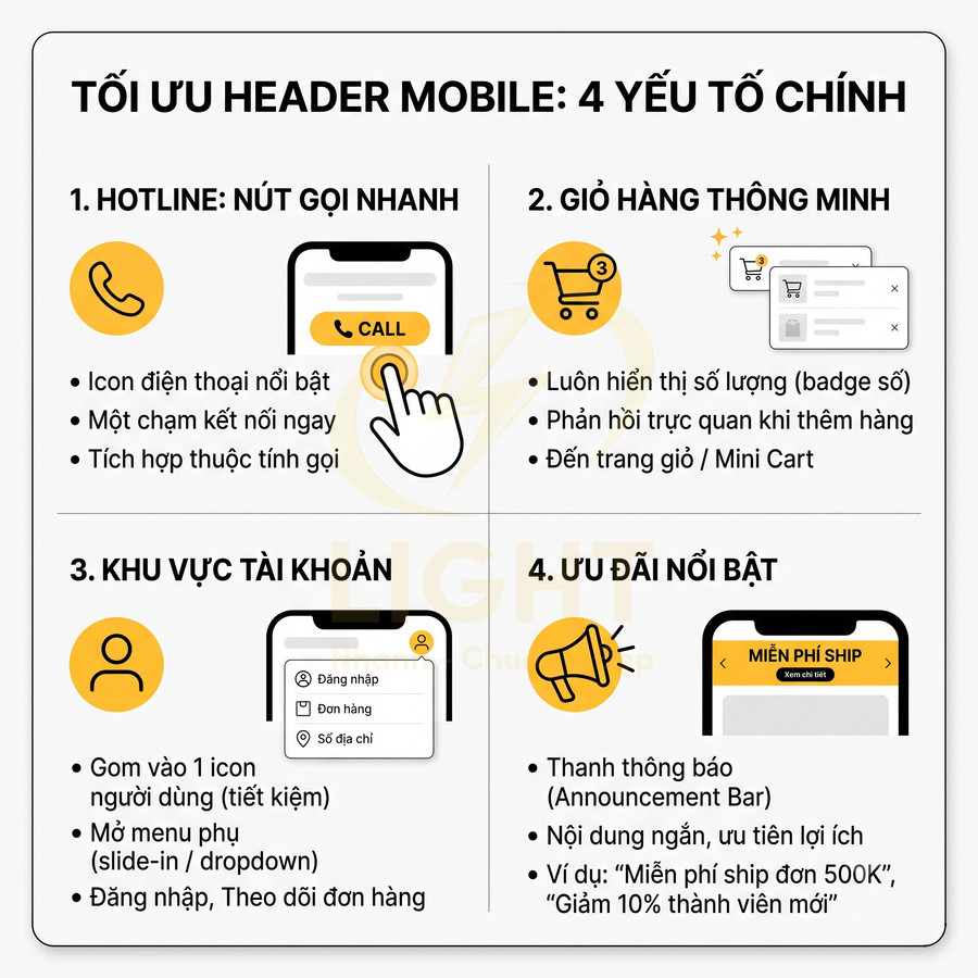 Hướng dẫn tối ưu header mobile với nút hotline, giỏ hàng thông minh, khu vực tài khoản và thanh ưu đãi nổi bật