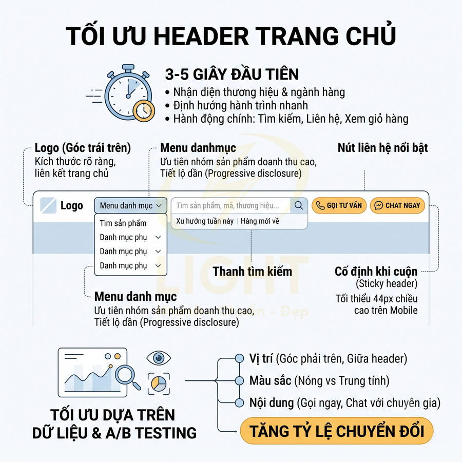 Hướng dẫn tối ưu header trang chủ website với logo, menu danh mục, thanh tìm kiếm và nút liên hệ nổi bật