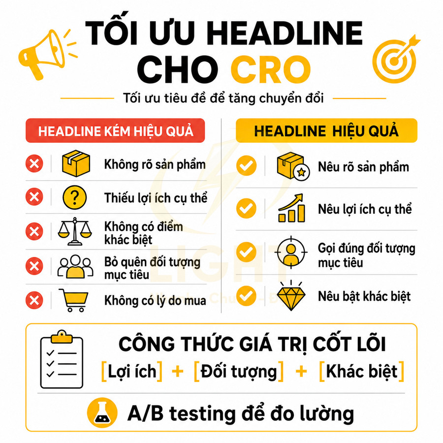 Hướng dẫn tối ưu headline cho CRO so sánh headline kém hiệu quả và headline hiệu quả kèm công thức giá trị cốt lõi