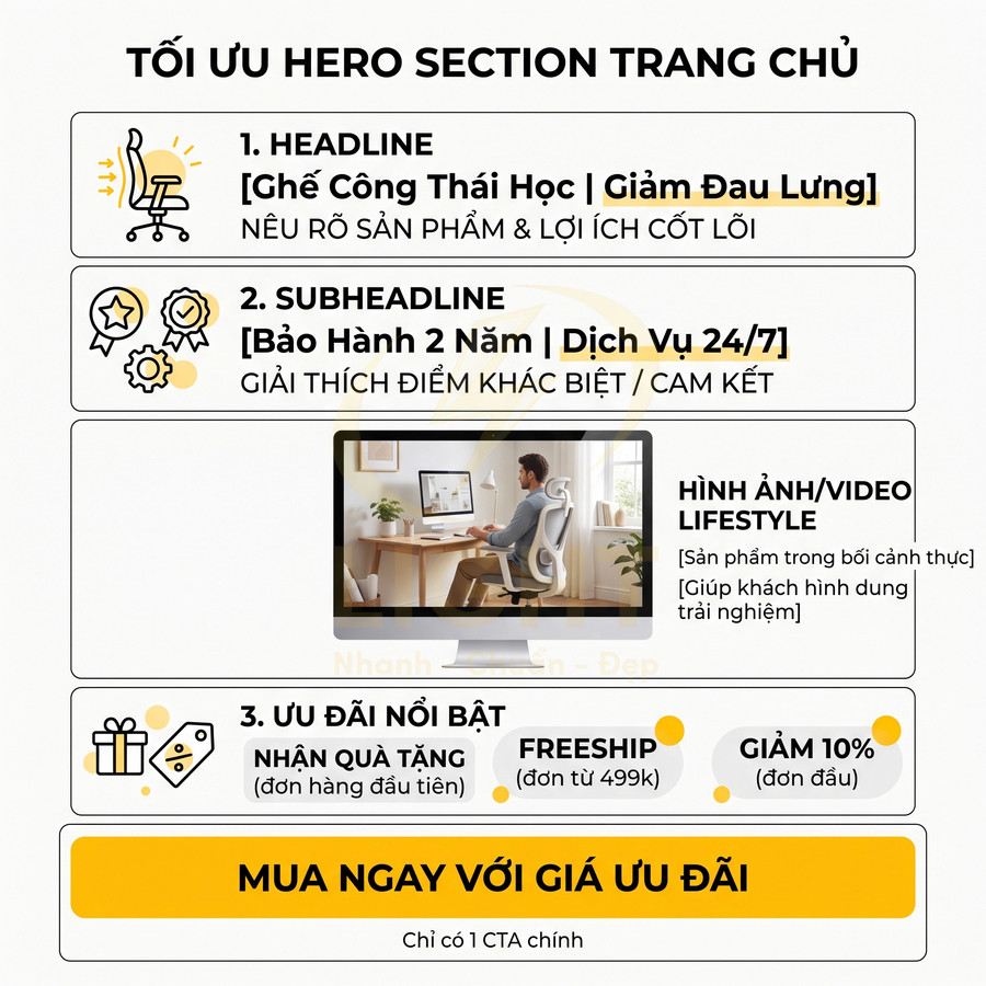 Hướng dẫn tối ưu hero section bán ghế công thái học giảm đau lưng với headline, ưu đãi và nút mua ngay