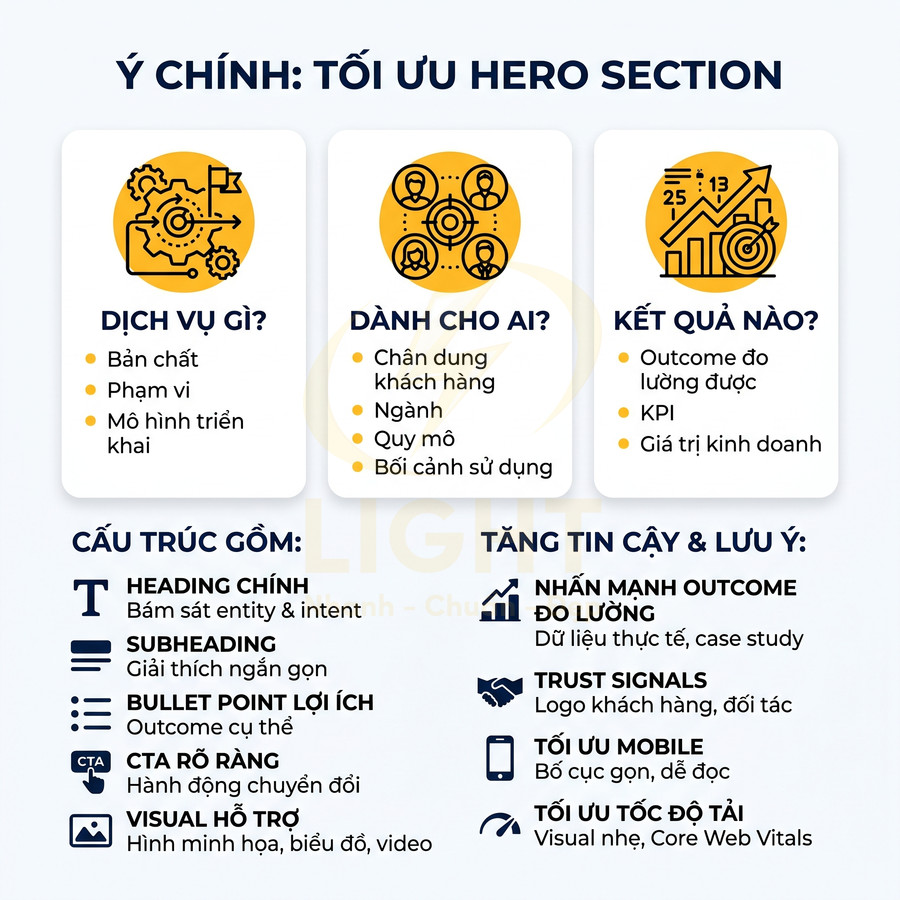 Infographic hướng dẫn tối ưu hero section website với cấu trúc nội dung, lợi ích và lưu ý tăng độ tin cậy