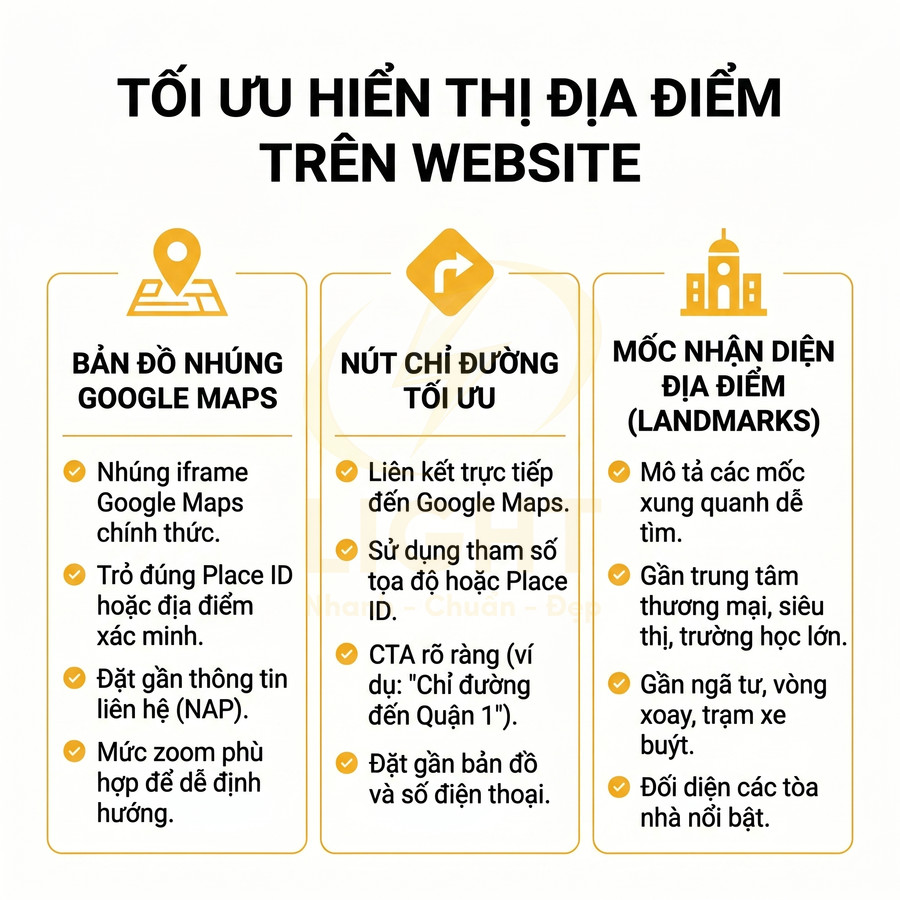 Hướng dẫn tối ưu hiển thị địa điểm trên website với bản đồ Google Maps, nút chỉ đường và mô tả mốc nhận diện địa điểm