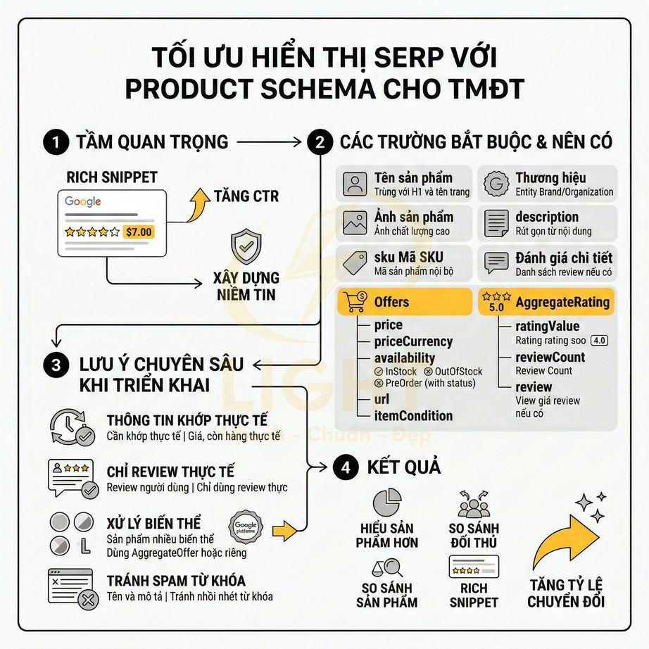 Infographic hướng dẫn tối ưu hiển thị SERP với product schema cho website thương mại điện tử