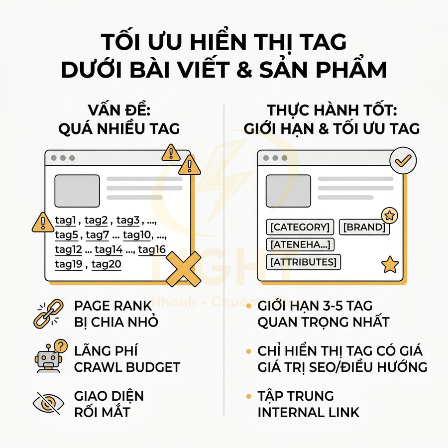Hướng dẫn tối ưu hiển thị tag dưới bài viết và sản phẩm, so sánh dùng quá nhiều tag và giới hạn 3 đến 5 tag quan trọng