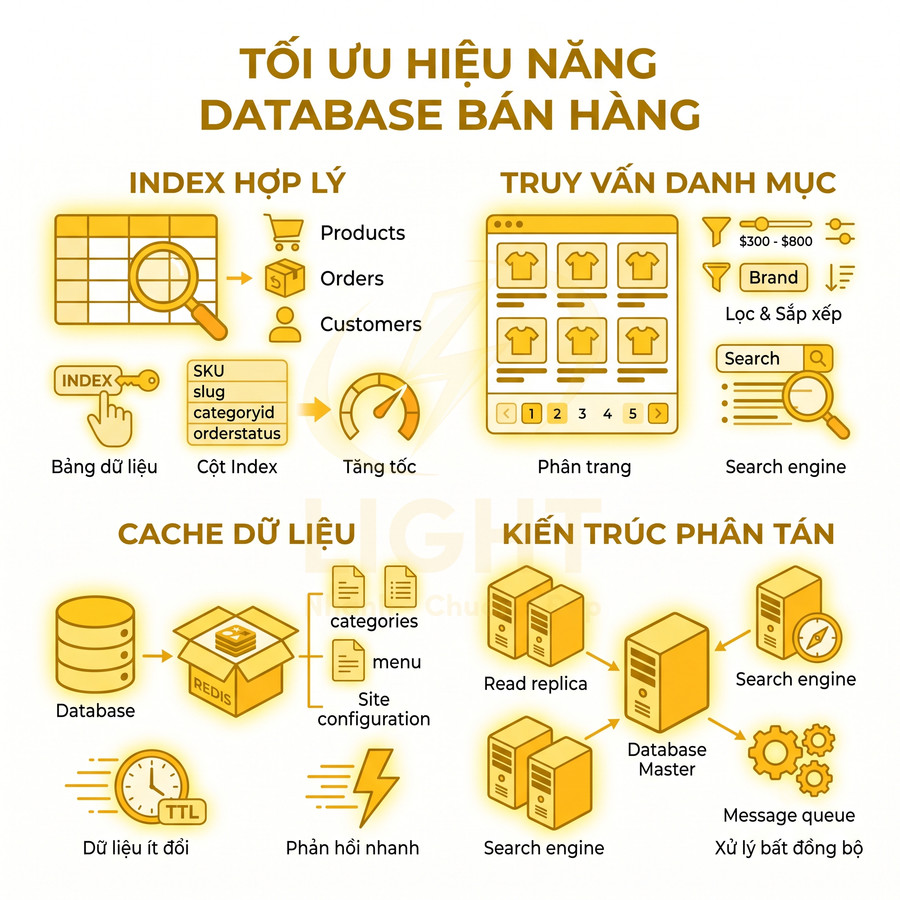 Infographic tối ưu hiệu năng database bán hàng với index hợp lý, cache dữ liệu và kiến trúc phân tán
