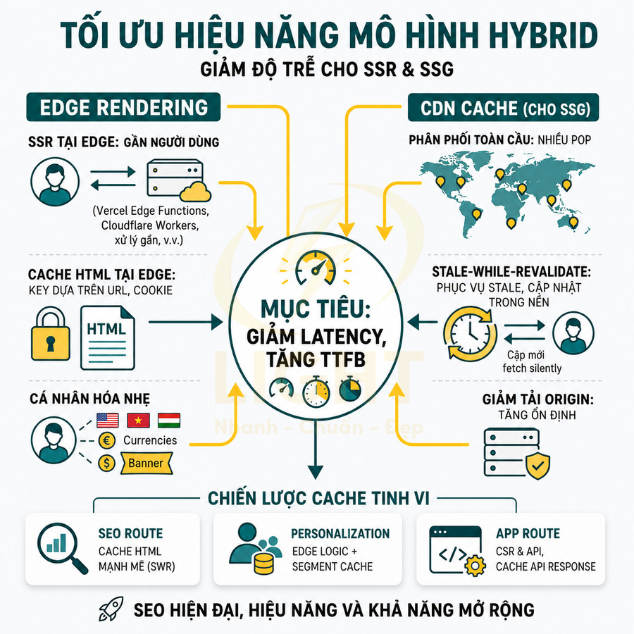 Infographic tối ưu hiệu năng mô hình hybrid cho SSR và SSG với edge rendering, CDN cache và chiến lược cache tinh vi