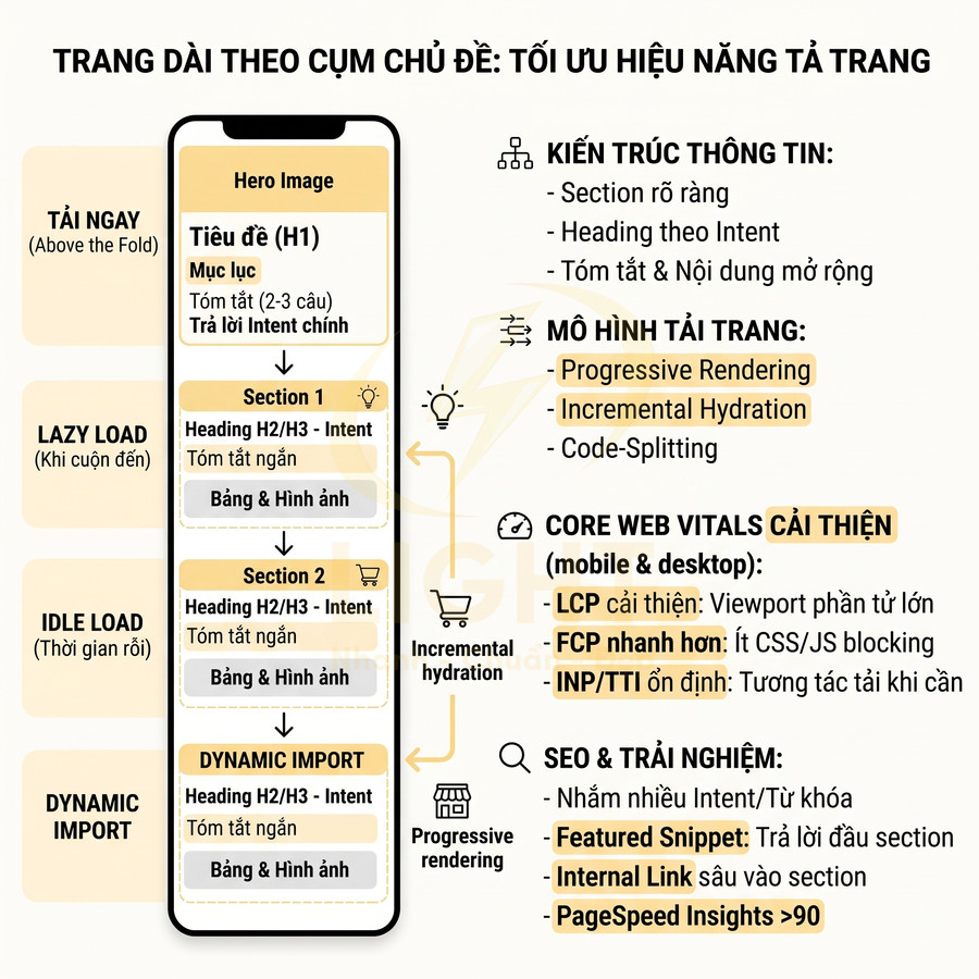 Sơ đồ tối ưu hiệu năng tải trang dài trên giao diện mobile với progressive rendering và cải thiện Core Web Vitals