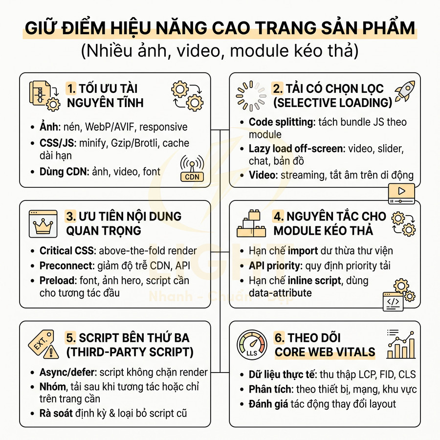 Checklist tối ưu hiệu năng trang sản phẩm với nhiều ảnh video và module kéo thả trong thiết kế web