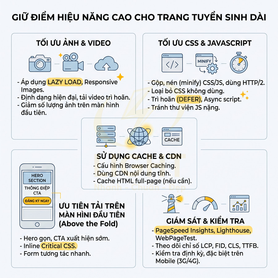 Hướng dẫn tối ưu hiệu năng trang tuyển sinh dài với lazy load, tối ưu CSS JS, cache CDN và giám sát PageSpeed