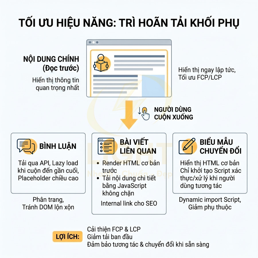 Infographic tối ưu hiệu năng web bằng trì hoãn tải khối phụ như bình luận, bài viết liên quan, biểu mẫu chuyển đổi