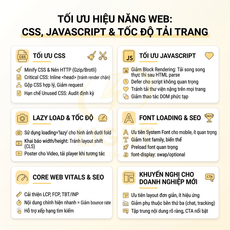 Checklist tối ưu hiệu năng web với CSS, JavaScript, lazy load, font, Core Web Vitals và gợi ý cho doanh nghiệp mới