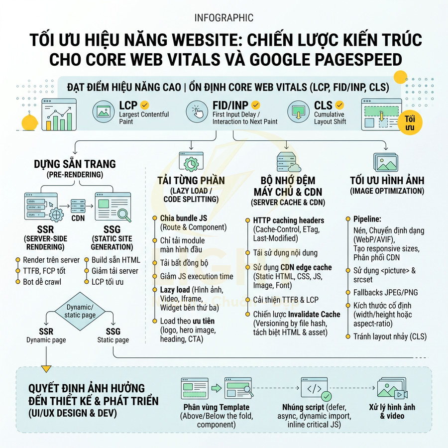 Infographic tối ưu hiệu năng website với chiến lược kiến trúc cho Core Web Vitals và Google PageSpeed