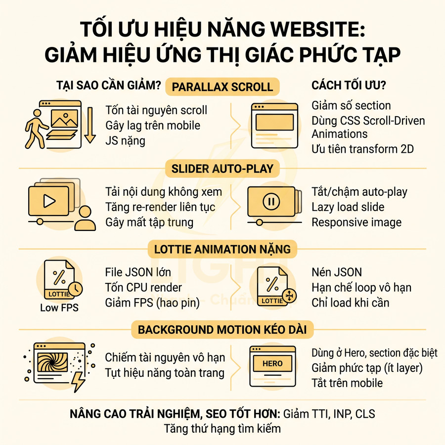 Infographic tối ưu hiệu năng website bằng cách giảm hiệu ứng thị giác phức tạp như parallax, slider auto play, Lottie, background motion