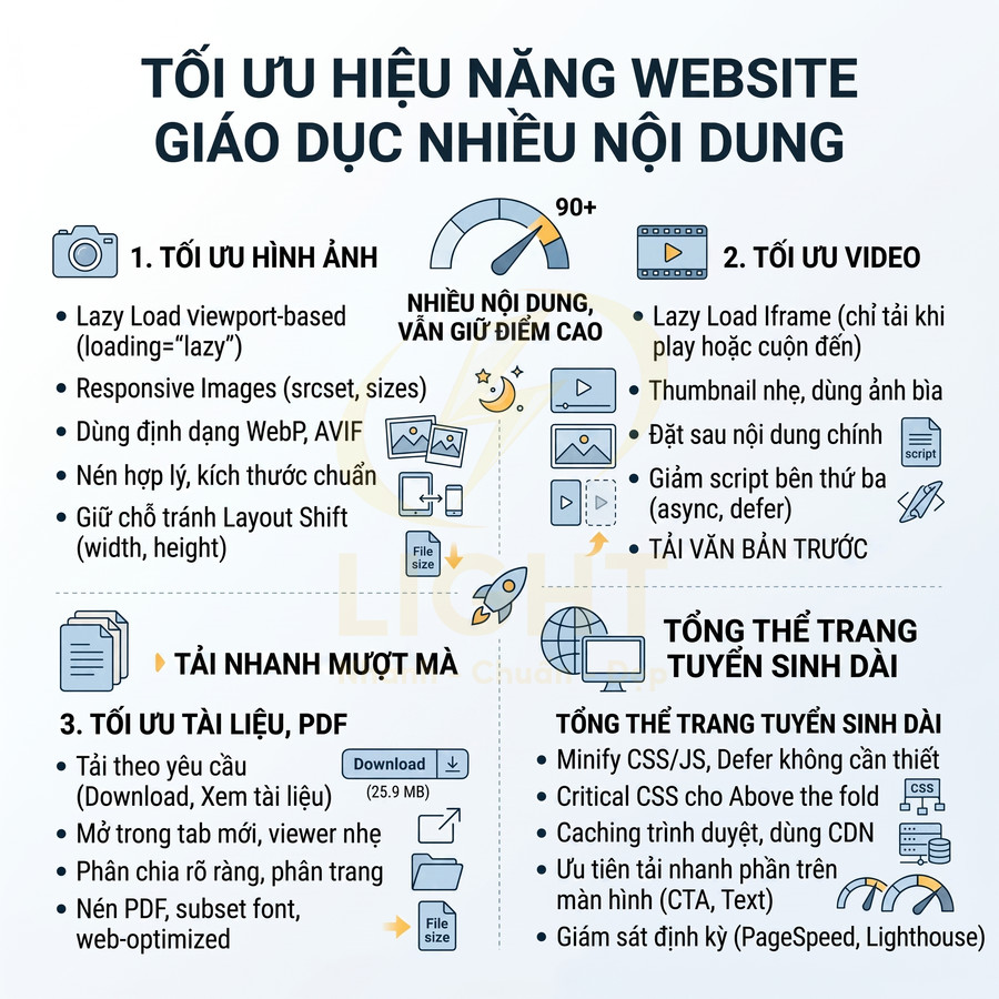 Hướng dẫn tối ưu hiệu năng website giáo dục nhiều nội dung với hình ảnh video tài liệu và mã nguồn