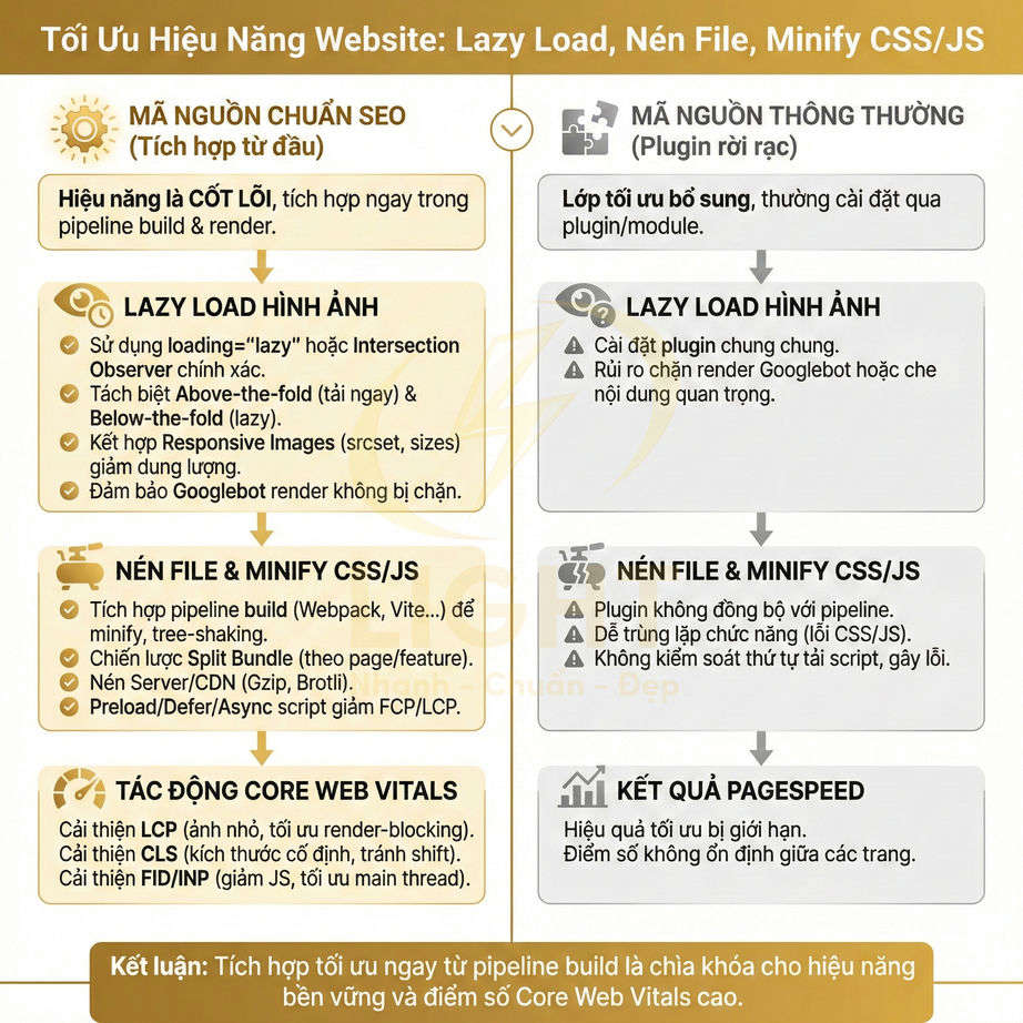 So sánh tối ưu hiệu năng website bằng lazy load, nén file, minify CSS JS và tác động đến Core Web Vitals