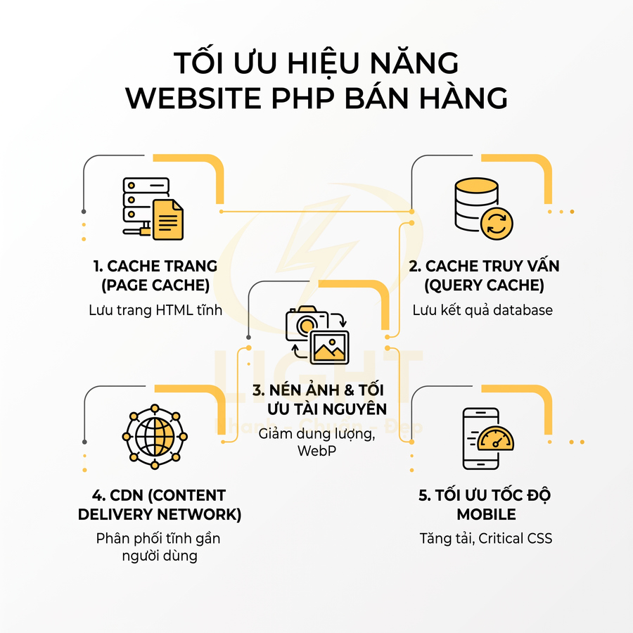 Các bước tối ưu hiệu năng website PHP bán hàng với cache, nén ảnh, CDN và tăng tốc độ mobile