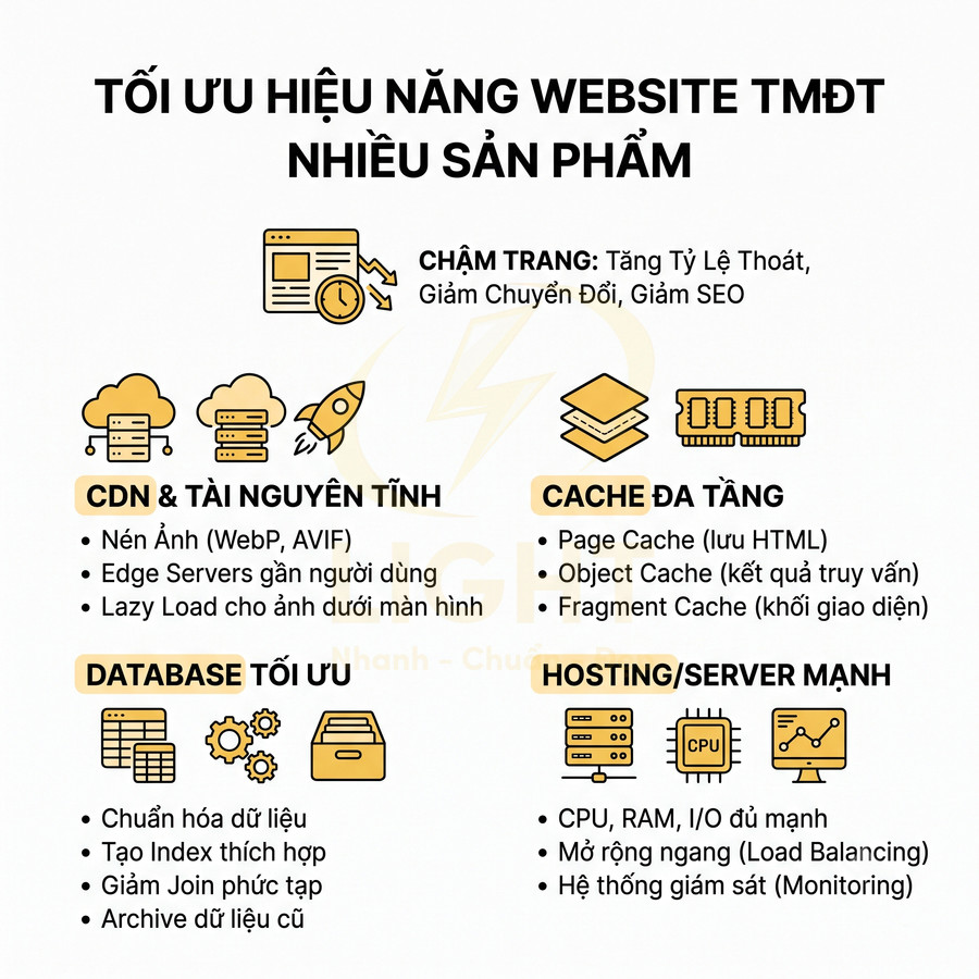Infographic tối ưu hiệu năng website TMĐT nhiều sản phẩm với CDN, cache, database và hosting mạnh