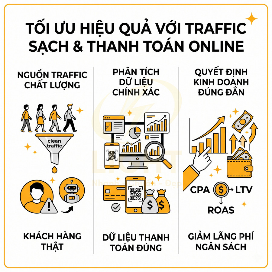 Tối ưu hiệu quả marketing với traffic sạch và thanh toán online, phân tích dữ liệu chính xác và giảm lãng phí ngân sách