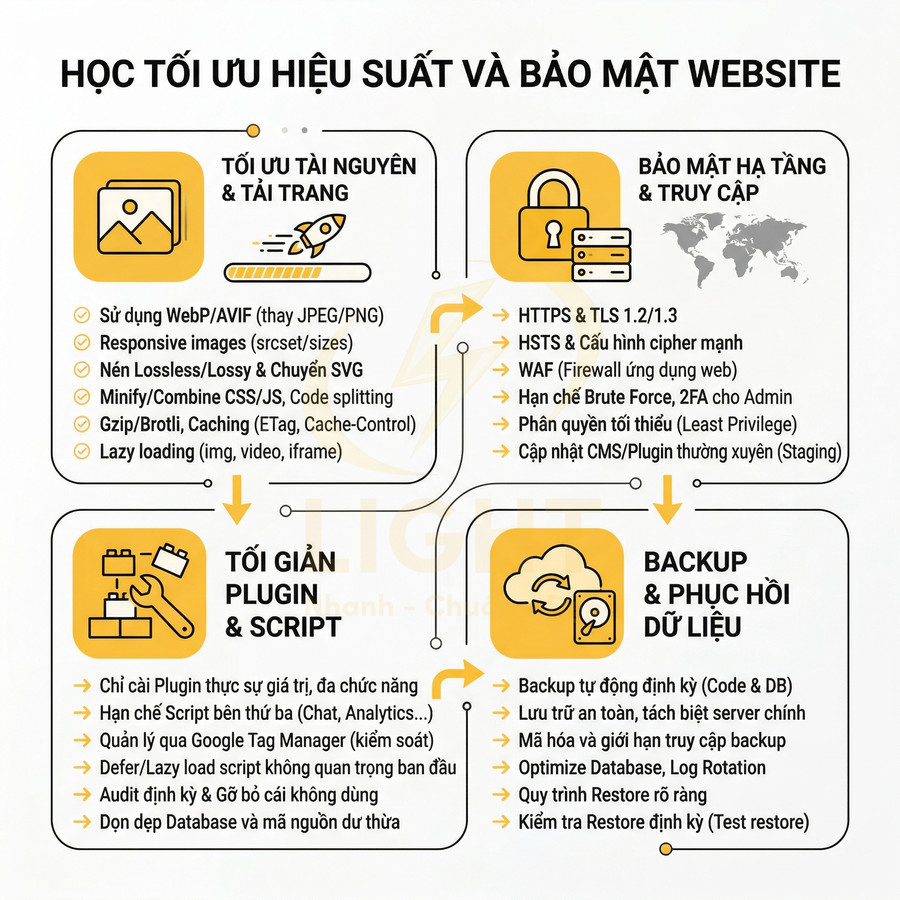 Các bước tối ưu hiệu suất và bảo mật website: nén ảnh, HTTPS, giảm script dư thừa, backup và quản lý dữ liệu