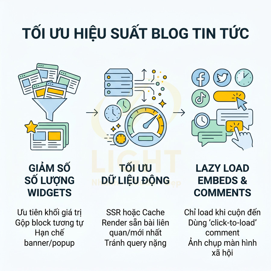 Minh họa các cách tối ưu hiệu suất blog tin tức với giảm widgets, tối ưu dữ liệu động và lazy load embeds comments