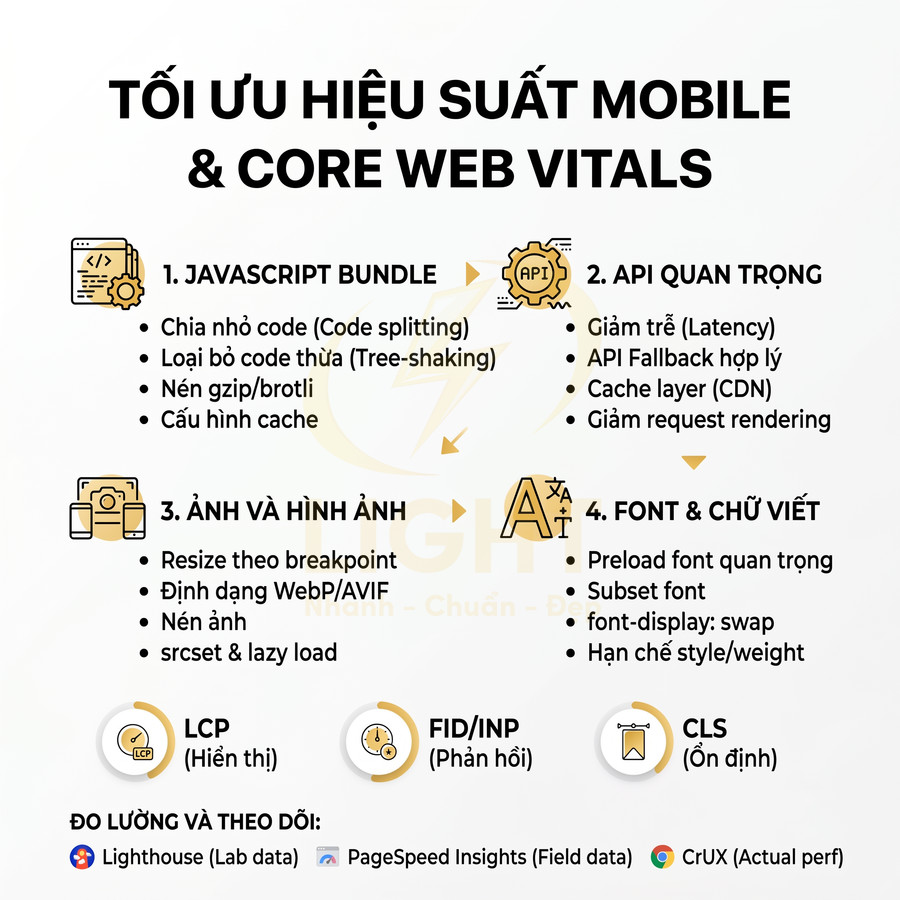 Checklist tối ưu hiệu suất mobile và Core Web Vitals với JavaScript, API, hình ảnh, font và chỉ số LCP FID CLS