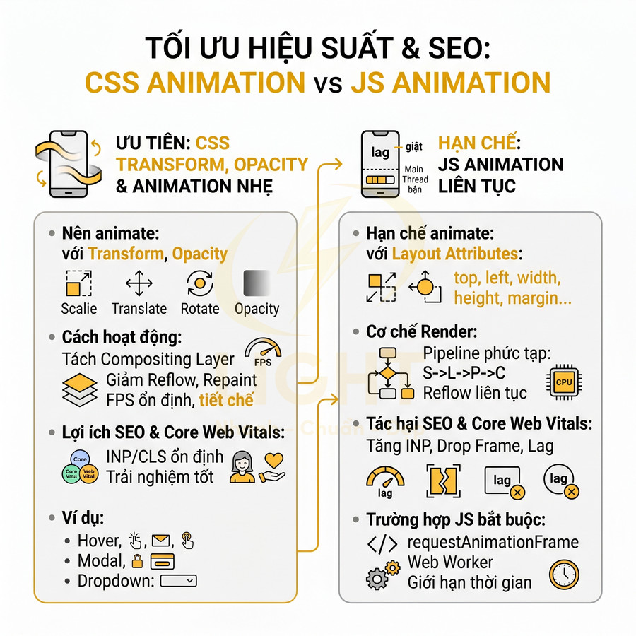 Infographic so sánh tối ưu hiệu suất và SEO giữa CSS animation và JS animation trong lập trình web