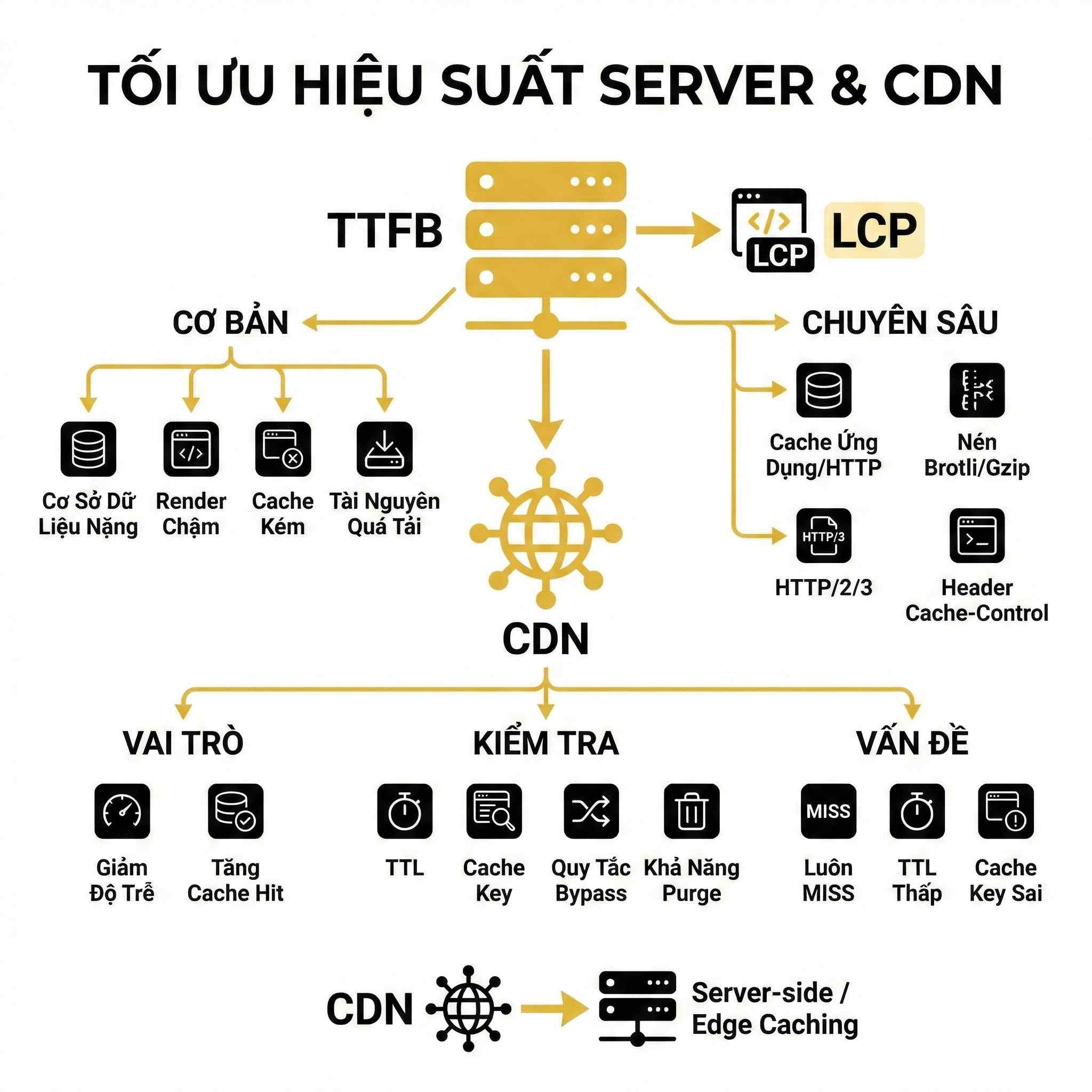 Sơ đồ tối ưu hiệu suất server và CDN với TTFB, LCP, cache, HTTP2/3 và các vấn đề thường gặp