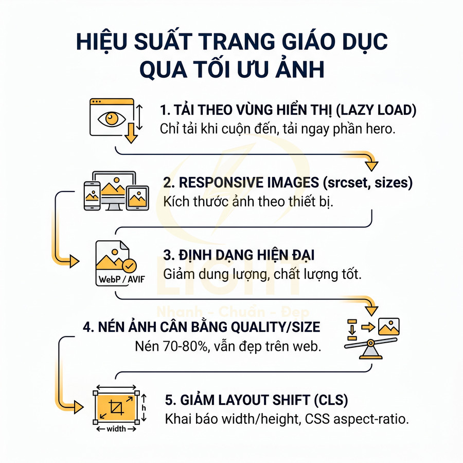 Các bước tối ưu hình ảnh cải thiện hiệu suất trang giáo dục gồm lazy load, responsive, WebP AVIF, nén ảnh và giảm CLS