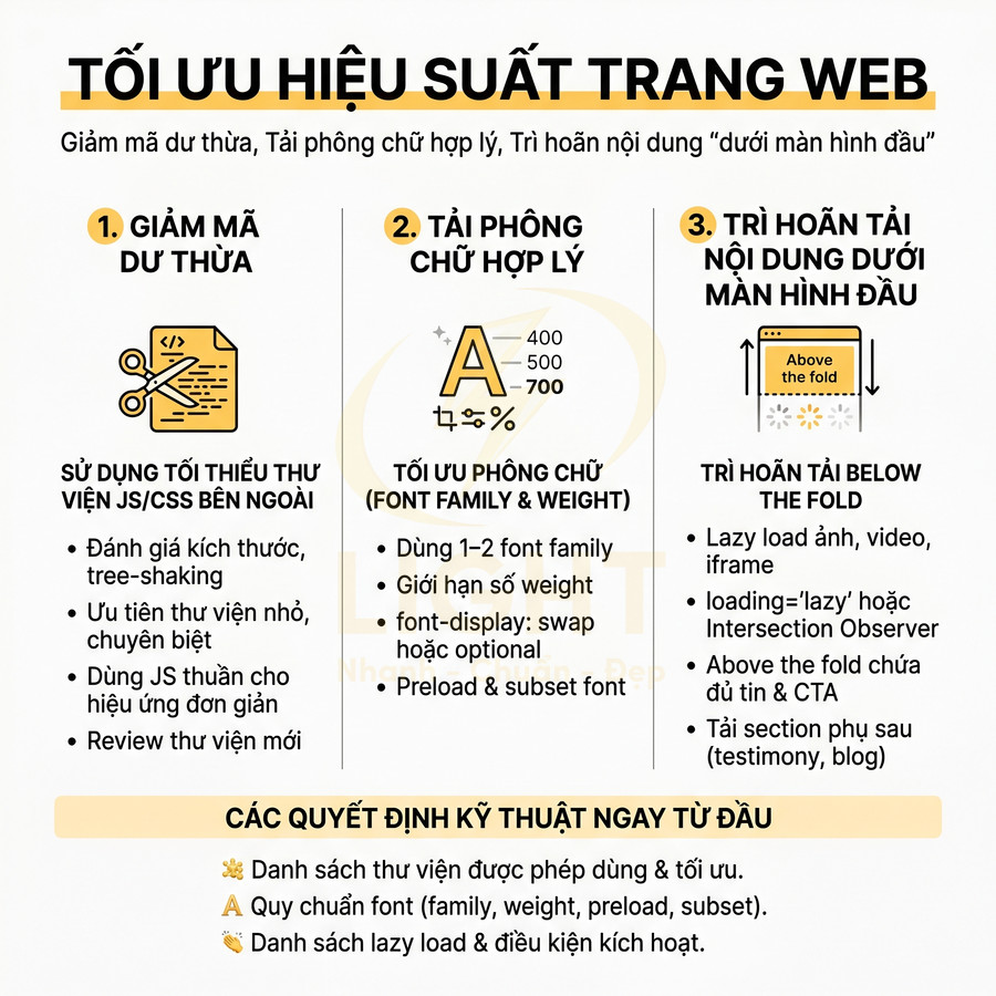 Hướng dẫn tối ưu hiệu suất trang web với giảm mã dư thừa, tối ưu font chữ và trì hoãn tải nội dung dưới màn hình đầu