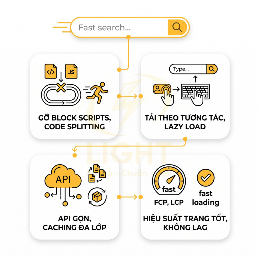Mô tả tối ưu hiệu suất web: gỡ block scripts, lazy load, API gọn, caching đa lớp, tăng tốc tải trang
