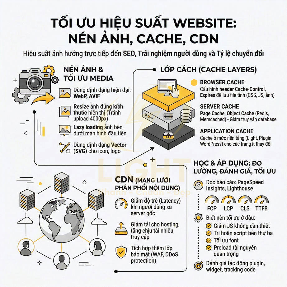 Infographic tối ưu hiệu suất website với nén ảnh, cache nhiều lớp và CDN phân phối nội dung toàn cầu