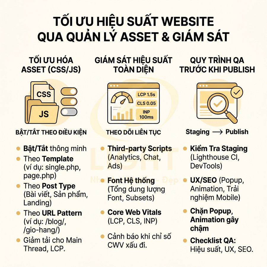 Hướng dẫn tối ưu hiệu suất website qua quản lý asset CSS JS, giám sát Core Web Vitals và quy trình QA trước khi publish