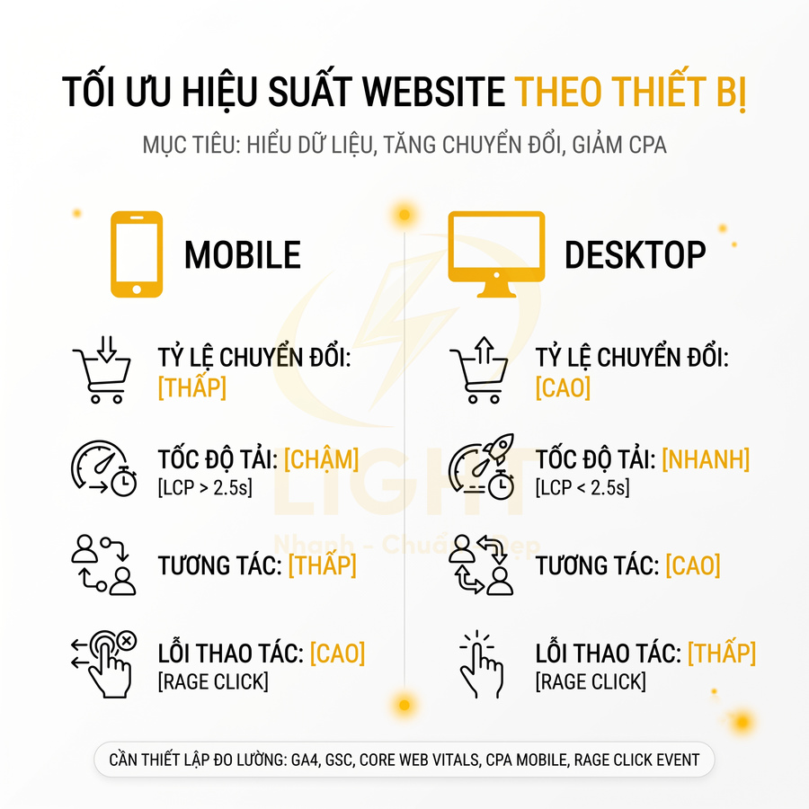 Infographic tối ưu hiệu suất website theo thiết bị, so sánh chuyển đổi và trải nghiệm trên mobile và desktop