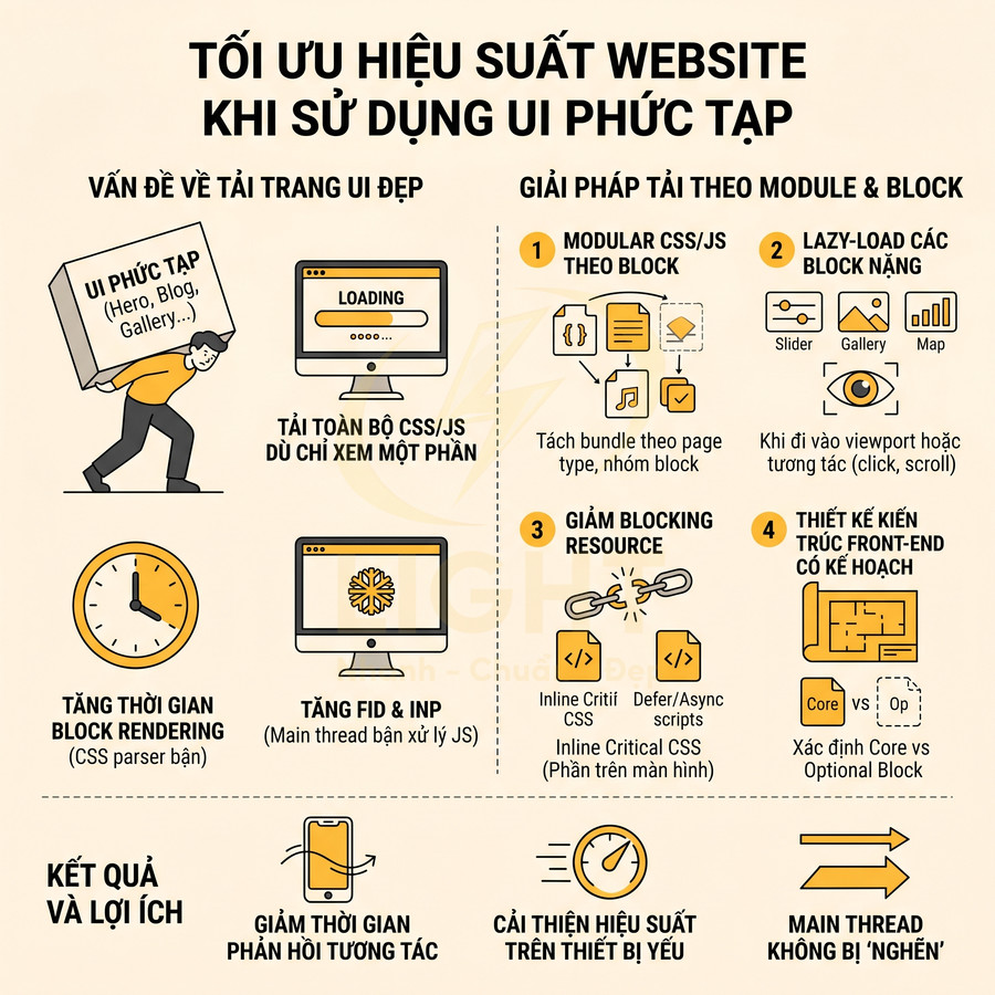 Infographic tối ưu hiệu suất website khi dùng UI phức tạp với giải pháp tải CSS JS theo module và block