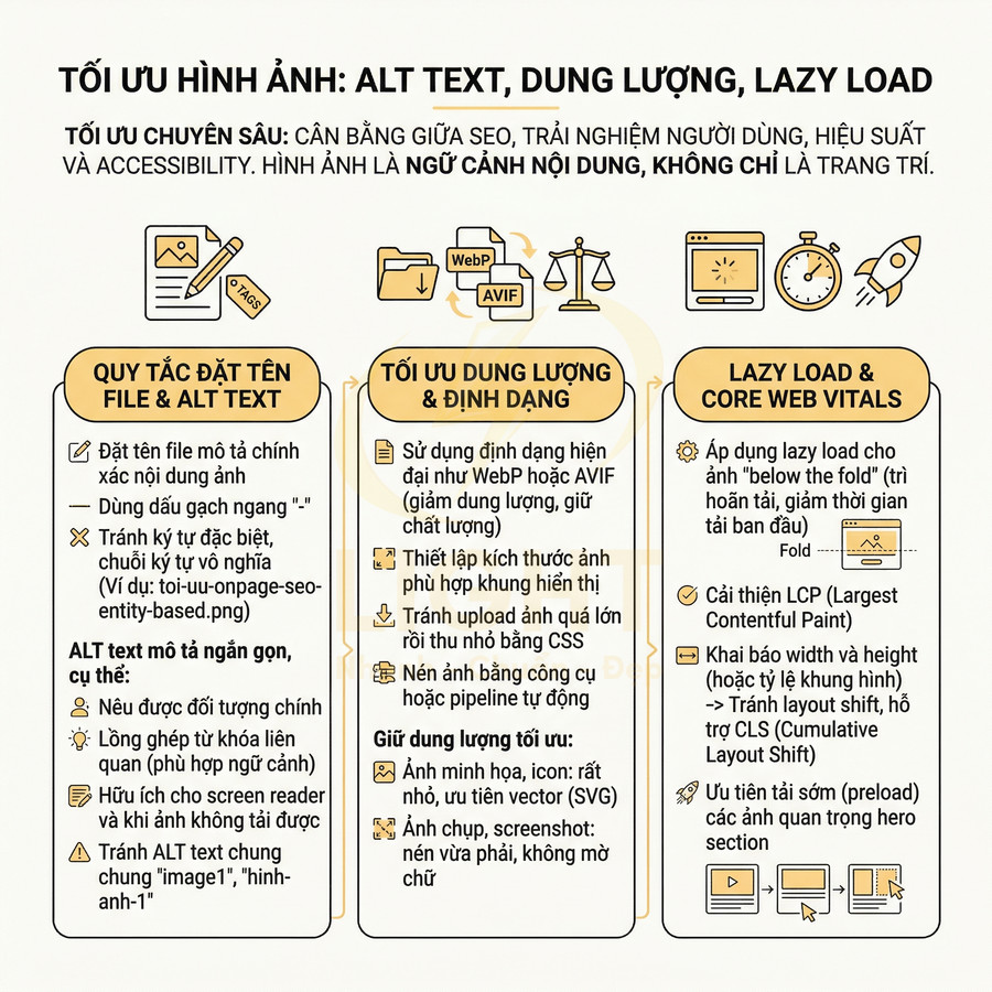 Hướng dẫn tối ưu hình ảnh cho SEO với alt text, dung lượng, định dạng và lazy load bằng tiếng Việt