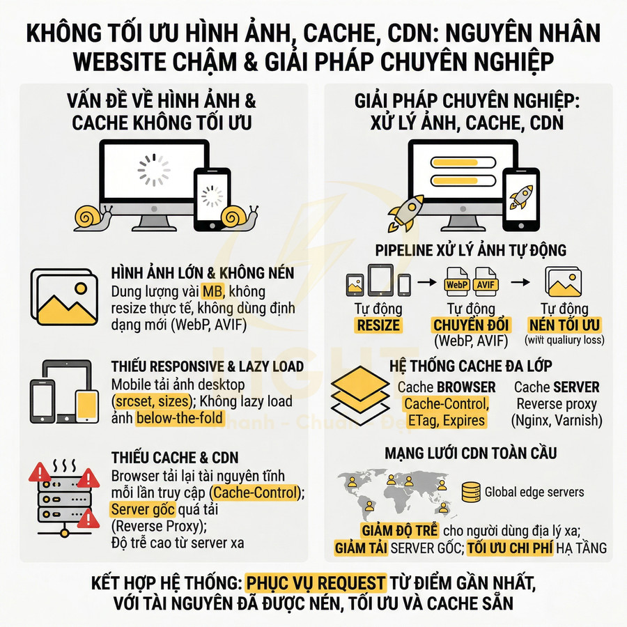 Infographic tối ưu hình ảnh, cache, CDN để tăng tốc độ tải website và giảm tải cho server