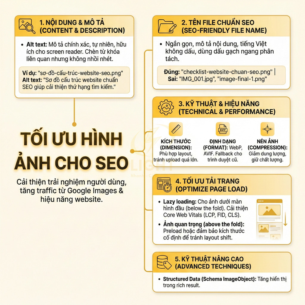 Hướng dẫn tối ưu hình ảnh cho SEO với alt text, tên file, kỹ thuật nén và tải trang nhanh