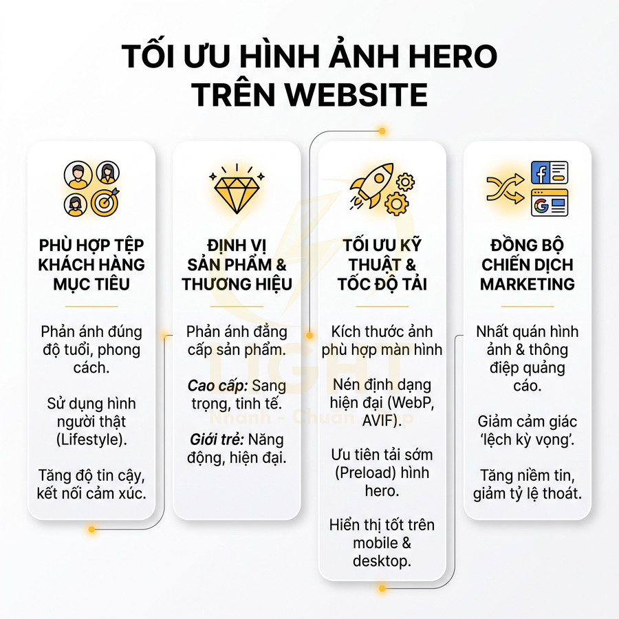 Infographic tối ưu hình ảnh hero trên website với 4 cột nội dung về khách hàng, thương hiệu, kỹ thuật và marketing