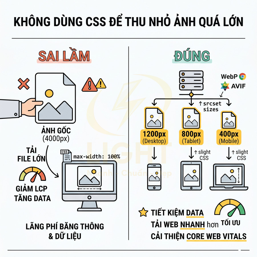 Hướng dẫn tối ưu ảnh web: không dùng CSS thu nhỏ ảnh lớn, dùng nhiều kích thước và định dạng WebP AVIF để tải nhanh