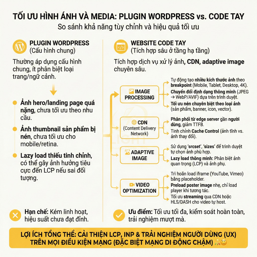 So sánh tối ưu hình ảnh và media giữa plugin WordPress và website code tay cho hiệu suất và UX