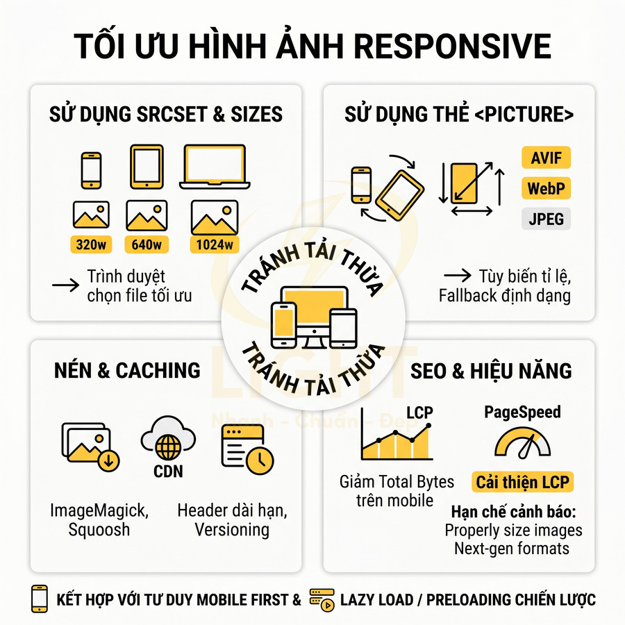 Hướng dẫn tối ưu hình ảnh responsive cho web với srcset, thẻ picture, nén, caching và cải thiện SEO hiệu năng