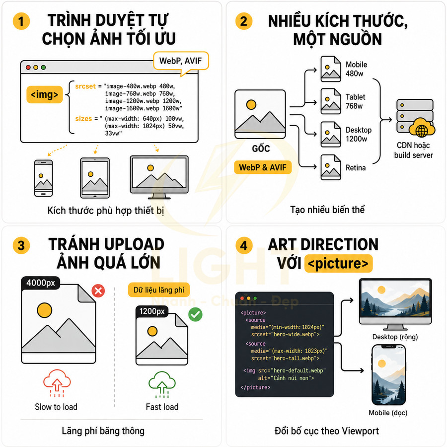 Infographic tối ưu hóa hình ảnh web với WebP AVIF, nhiều kích thước, tránh ảnh quá lớn và dùng thẻ picture